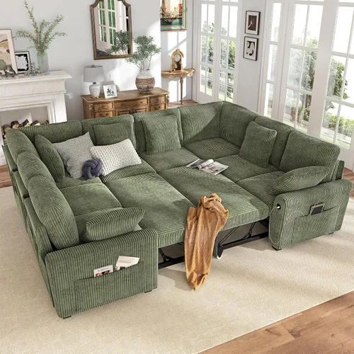 Vista 16 de Hanherry - Sofá seccional con sofá cama extraíble, sofá cama de chenilla con 2 asientos de almacenamiento y carga USB, cómodos sofás modulares