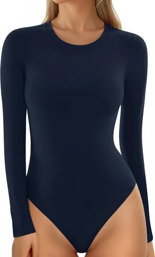 Vista 33 de MANGOPOP - Body de cuello redondo para mujer, manga corta y manga larga, camisetas ajustadas y básicas A1 Manga Corta Negro