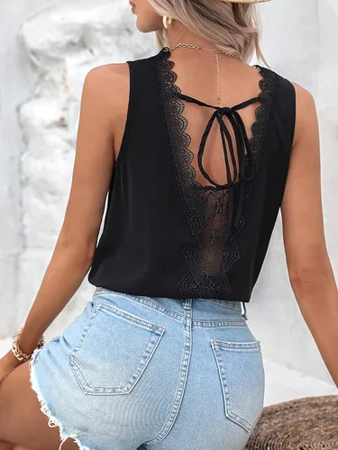 Vista 2 de Milumia Blusa casual sin mangas con encaje en contraste para mujer, cuello en V, sin mangas