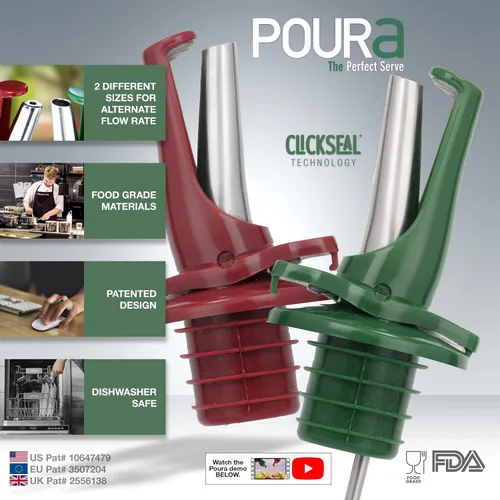 Vista 3 de Poura Boquillas dispensadoras de aceite y vinagre Los vertedores de botellas herméticos ClickSeal sin BPA mantienen el aceite fresco con tapas