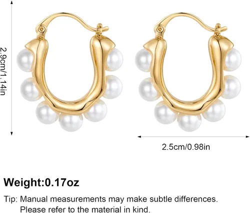 Vista 6 de Aretes de aro de perlas para mujer, chapados en oro de 14 quilates, aretes de perlas ligeras de perlas blancas, aretes gruesos