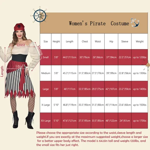 Vista 7 de Lingway Toys Disfraz de pirata para mujer con turbante pirata