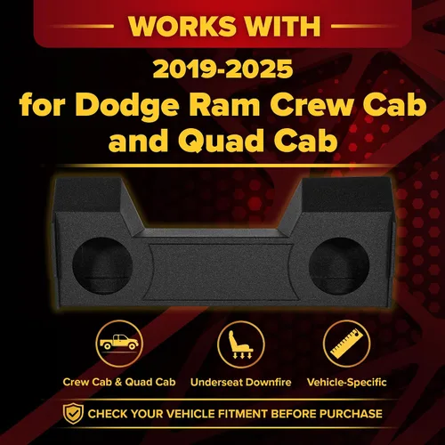 Vista 2 de Q Power Carcasa de subwoofer Downfire doble de 10 pulgadas, subcaja QBomb compatible con Dodge Ram Crew Cab y Quad Cab 2019-2026