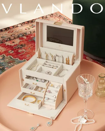 Vista 6 de Vlando Joyero de piel sintética, organizador mediano de joyería, regalo vintage para mujer, patrón de cruz rosa