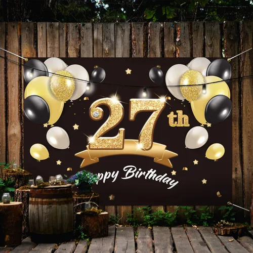 Vista 5 de Telón de fondo de pancarta de feliz cumpleaños 27 – Suministros de decoración de fiesta de cumpleaños 27 para hombres y él – Negro dorado 4 x 6 pies