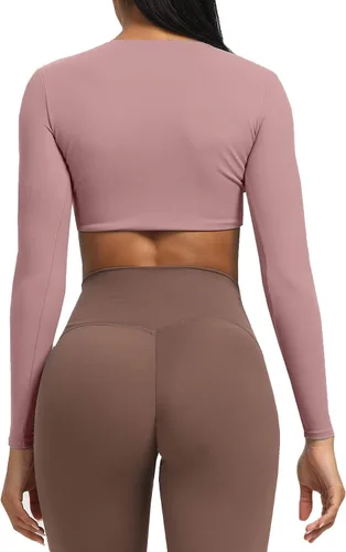 Vista 4 de Aoxjox, Sienna - Camiseta estilo ombliguera de manga larga para mujer, de cuello en V profundo con torsión, camiseta para entrenamiento