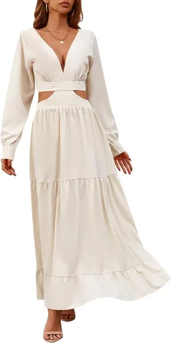 Vista 4 de LYANER Vestido largo con cuello en V profundo y manga larga abombada y corte lateral para mujer