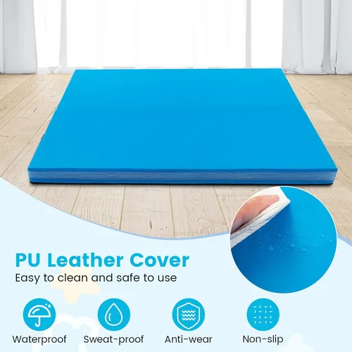 Vista 3 de GYMAX Colchoneta de gimnasia plegable de 4 x 4 pies, 4 pulgadas de grosor con asas de transporte, cubierta de piel sintética, tapete de gimnasio