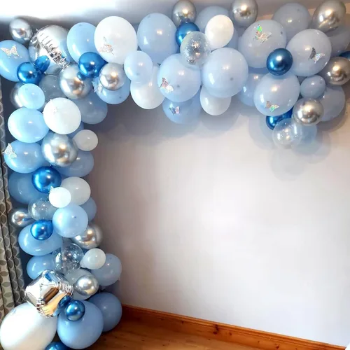 Vista 5 de Kit de arco de globos azules, guirnalda de globos azules y blancos con globos de bola de discoteca de 22 pulgadas, globos metálicos de papel de Azul