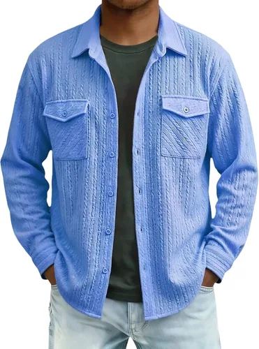 Vista 28 de Camisas con botones para hombre, casual, de manga larga, con cuello jacquard, texturizada, ligera, sobrecamisa, sobrecamisa