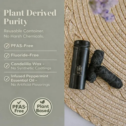 Vista 4 de Hilo dental de carbón de bambú biodegradable vegano con recipiente de acero inoxidable negro recargable, 98.4 ft x 2 pulgadas, hilo dental extra