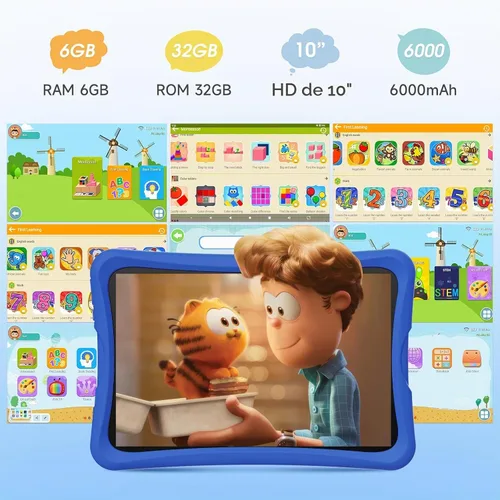 Vista 5 de DigiLand Tablet para niños de 10.1", 6GB RAM 32GB ROM, Android 15 GO, con estuche de silicona a prueba de niños, control parental, batería