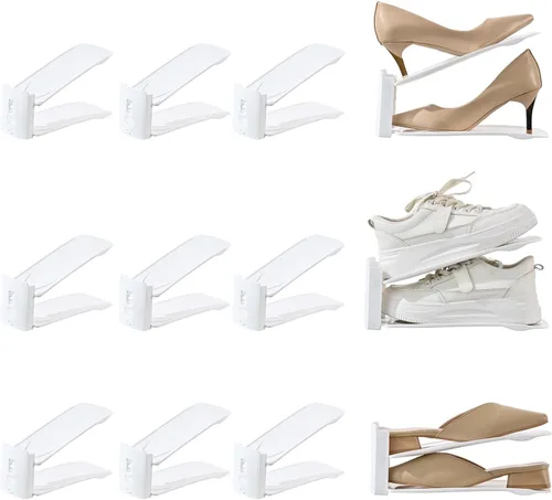 Vista 25 de Paquete de 2 ranuras para zapatos, organizador de nivel ajustable, apilador de zapatos, almacenamiento que ahorra espacio, bandeja de exhibición