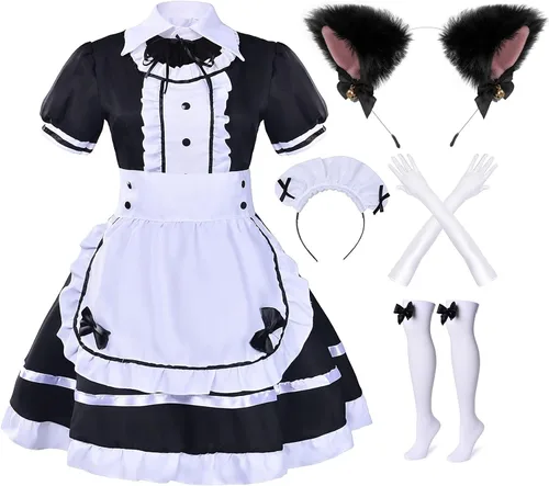 Vista 2 de Elibelle Vestido de sirvienta de anime japonés para cosplay, dulce clásico Lolita, delantal elegante con calcetines y guantes
