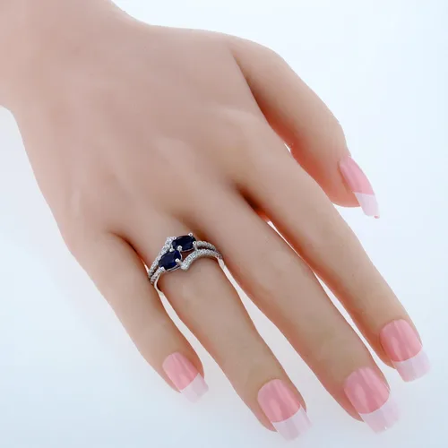 Vista 2 de PEORA Anillo de plata de ley 925 con dos piedras para mujer, forma ovalada, varias piedras preciosas, tamaños 5 a 9