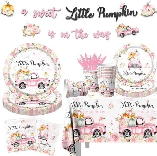 Vista 12 de Decoración de baby shower de calabaza, 142 piezas, una dulce pequeña calabaza está en camino, camión floral azul para niños, mantel desechable