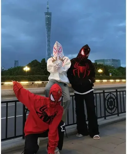 Vista 6 de Sudadera con capucha de Spider Hip Hop Spiderweb con cremallera completa, estilo punk