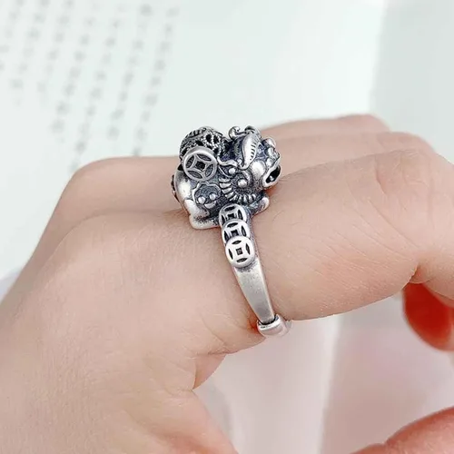 Vista 6 de Anillo ajustable antiguo antiguo de plata de ley 925 de jade natural para mujer, Plata, Jade