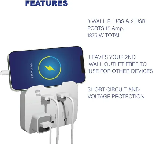 Vista 4 de Protector contra sobretensiones de salida de pared con puertos USB, extensor de 3 salidas con 2 puertos USB (1 USB-C) - Regleta de alimentación