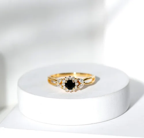 Vista 5 de Anillo de compromiso con halo de flor de diamante y ónix negro certificado para mujer Calidad AAA