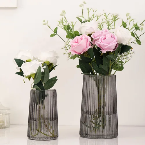Vista 32 de Jarrón de vidrio ámbar para flores, florero para ramo, jarrones de vidrio modernos, jarrones acanalados para sala de estar, dormitorio, mesa