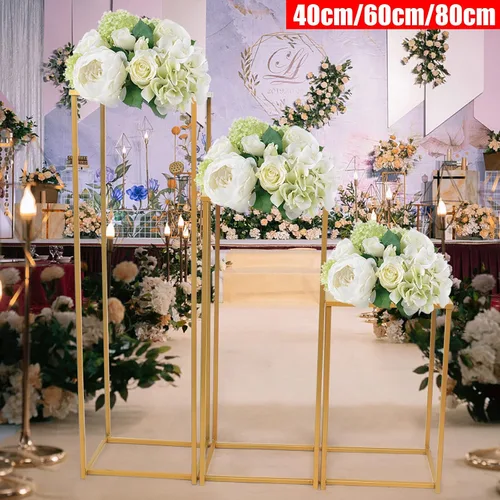 Vista 2 de Jarrones de columna para centros de mesa de boda, 3 piezas, soporte de flores de metal, jarrón alto dorado, estante geométrico rectangular