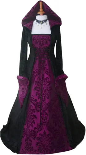 Vista 2 de Yooshoverk Vestido Retro Estampado literario Larga Encaje en la Cintura Disfraz swing Capucha Vestido góticos medievales