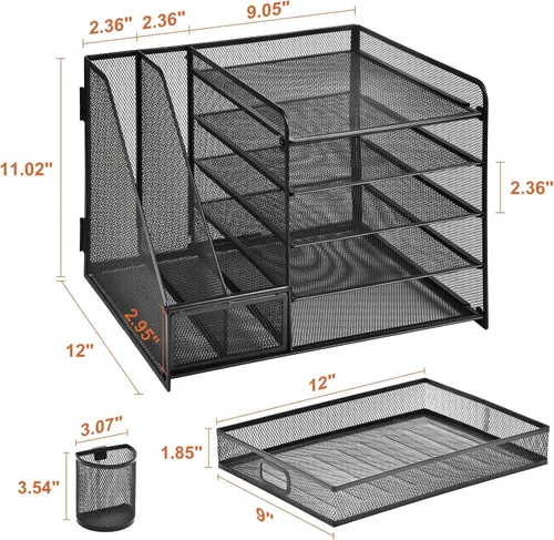 Vista 6 de Marbrasse - Organizador de escritorio con soporte para archivos, organizador de bandejas para papel tamaño carta de 5 niveles con cajón y 2 soportes