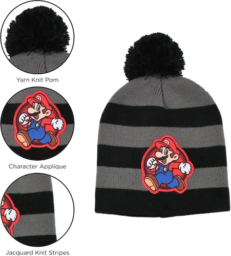 Vista 3 de Nintendo Conjunto de gorro de invierno, bufanda y guantes para niños, Super Mario para edades de 4 a 7 años