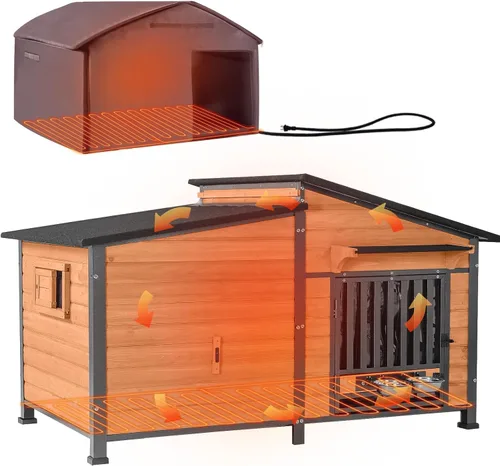 Vista 7 de Casa para Perros Exterior Perrera para Perros con Marco de Metal a Prueba de Masticación, Cuenco Giratorio para Alimentos, Cortina de Puerta de PVC