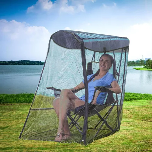 Vista 2 de Silla de pesca para acampar con toldo de red transpirable y soporte para tazas, silla plegable para exteriores, protección solar