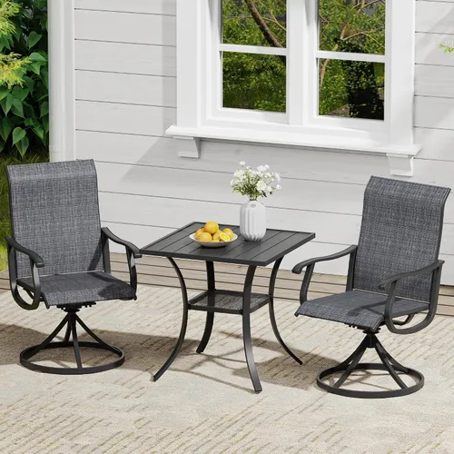 Vista 75 de VICLLAX Muebles pequeños de exterior de 3 piezas, 2 sillas giratorias de patio y mesa redonda pequeña para 2, sillas de carbón oscuro y negro