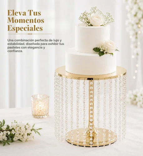 Vista 3 de Efavormart soporte para tarta de 14" de diámetro Soporte para tarta de boda redondo de metal dorado con cristal - 16" de alto