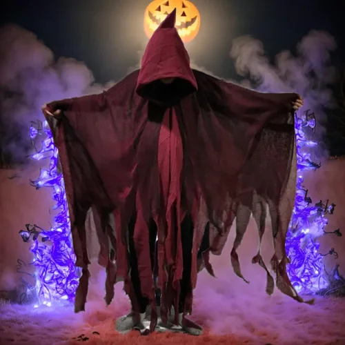 Vista 6 de Bata de mago de Halloween con capucha para hombres y mujeres, capa larga con capucha, capa de terror para cosplay, mago, bruja o vampiro