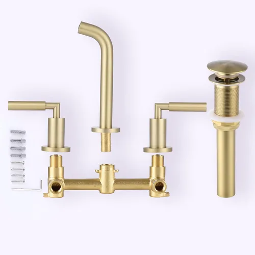 Vista 6 de RBROHANT RB0736D - Grifo de montaje en pared dorado con drenaje desplegable para fregadero sin desbordamiento, grifo de fregadero de baño de doble