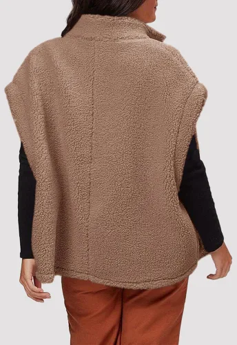 Vista 10 de Hongqizo - Chaleco de forro polar mullido para mujer, casual, de gran tamaño, cálido, con botones, chaqueta de sherpa con bolsillos
