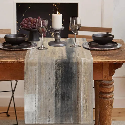 Vista 19 de Emvency - Camino de mesa de estilo granja, pintura de arte abstracto vintage en azul y gris para mesa de cocina, cenas familiares, fiestas, bodas