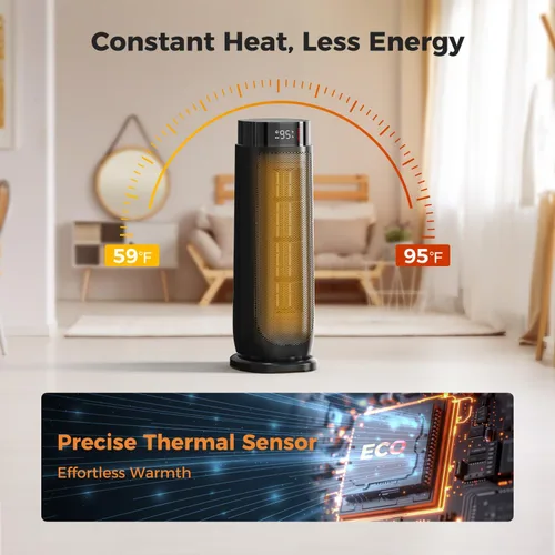 Vista 6 de BREEZOME Calentadores de Espacio para Uso Interior, 1500W, con Termostato, Temporizador de 24H, Oscilación de 90°, Silencioso, Portátil, Cerámica
