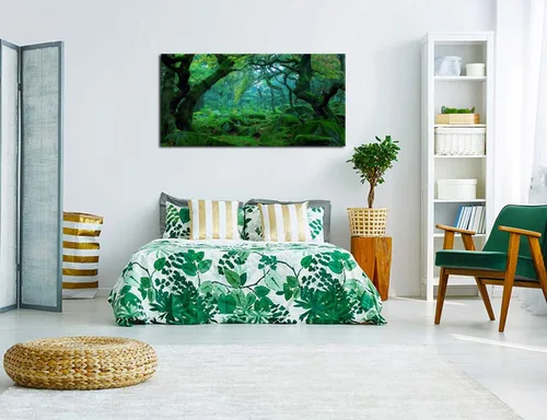 Vista 4 de Lienzo de bosque verde para pared, decoración de sala de estar, árboles grandes, imagen de naturaleza, lienzo moderno y grande, arte de madera