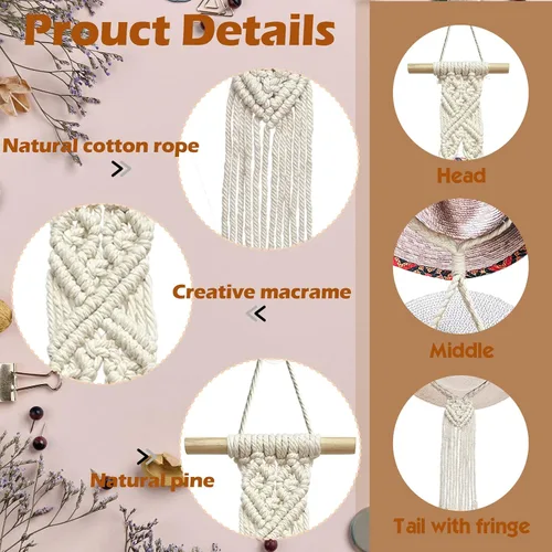 Vista 2 de Besoamo Perchas bohemias para sombreros, organizador de sombreros para pared, macramé para colgar en la pared, tejido a mano, organizador decorativo