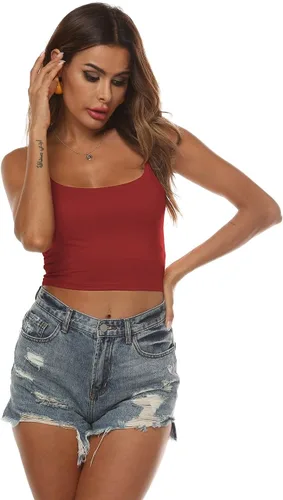 Vista 79 de Amilia - Camiseta básica de tirantes delgados para mujer (doble capa)
