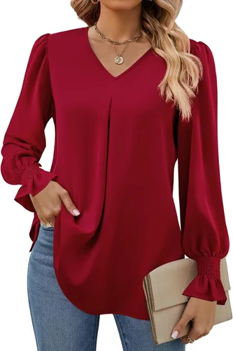 Vista 23 de Funlingo Blusas de mujer con mangas largas 2025, elegantes y casuales, con cuello en V, túnica suelta de gasa para el trabajo