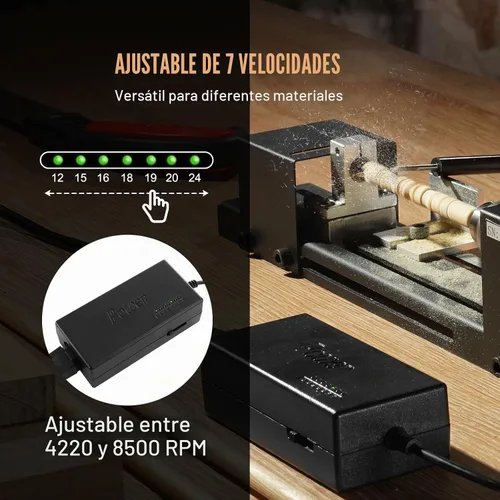 Vista 4 de VEVOR Mini máquina de torno, 7 cm x 16 cm, Mini herramientas de torno para madera de 24VDC 96W, accesorios de máquina de fresado, 7 velocidades