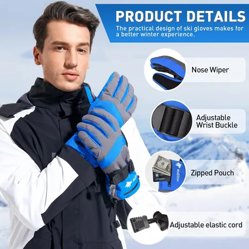Vista 4 de WOLFILIST Ski Gloves Waterproof Windproof - 3M Thinsulate Insulated Warm Snow Gloves, Snowboard Gloves with Zipper Pocket, Touchscreen Winter Gloves