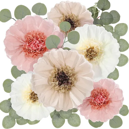 Vista 9 de Lincia 40 piezas de flores gigantes de papel y hojas artificiales de eucalipto, flores de papel grandes para decoración de pared, hojas sintéticas