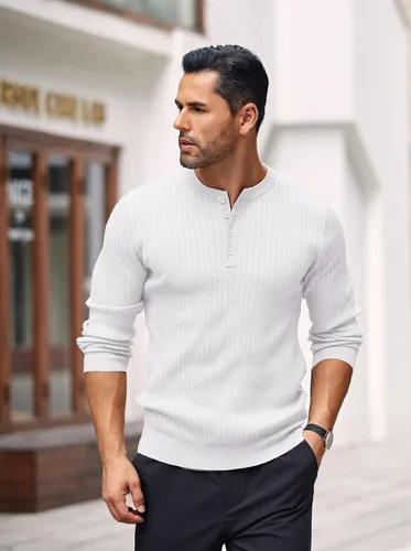 Vista 55 de COOFANDY Suéter de punto Henley para hombre, manga larga, con botones, ligero, para otoño, ajustado, acanalado