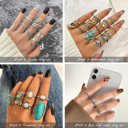 Vista 3 de KISSWIFE - Juego de 36 anillos de nudillos plateados vintage para mujeres y niñas joyas occidentales anillos estéticos anillos bohemios a granel
