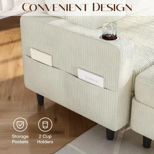 Vista 3 de Sofás seccionales convertibles para sala de estar, sofá en forma de L de 3 asientos con otomana de almacenamiento y 2 portavasos, moderno sofá