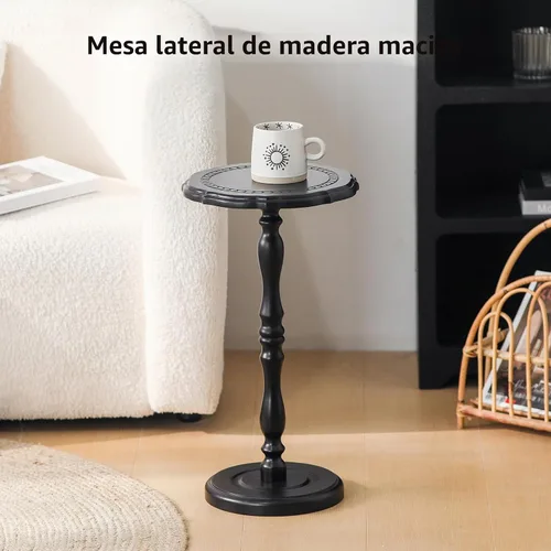 Vista 2 de Mesa de bebidas, mesa auxiliar pequeña para espacios pequeños, mesita de noche redonda de madera maciza moderna para sala de estar, dormitorio, Negro