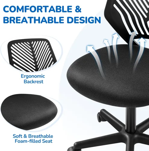 Vista 5 de Yaheetech Silla de oficina ergonómica de malla sin brazos, silla giratoria de respaldo medio con ruedas, silla de estudio de altura ajustable